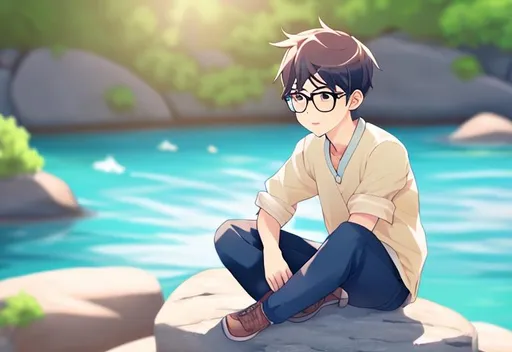 Prompt: anime boy with round glasses sitting on rock thinking