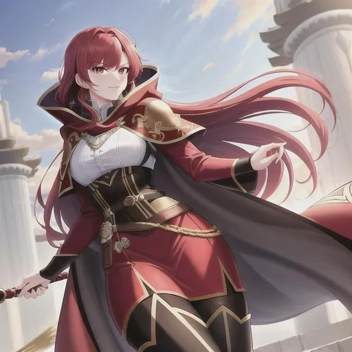Prompt: a tall muscular warrior girl, with fancy red hair, with alabaster complexion, with big red eyes, looking happy and excited and shy, wearing a thick traveling cloak, wearing fancy colorful clothes and pants, wearing tall black boots, holding a thin ornate sword, wearing a gold ring