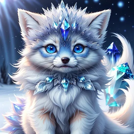 Prompt: (masterpiece, professional oil painting, epic digital art, best quality:1.5), insanely beautiful tiny ((fox kit)), (canine quadruped), ice elemental, silky silver-blue fur covered in frost, timid, ((insanely detailed alert crystal blue eyes, sharp focus eyes)), gorgeous 8k eyes, fluffy silver neck ruff covered in frost, two tails, (plump), fluffy chest, enchanted, magical, finely detailed fur, hyper detailed fur, (soft silky insanely detailed fur), presenting magical jewel, moonlight beaming through clouds, lying in frosted meadow, grassy field covered in frost, cool colors, professional, symmetric, golden ratio, unreal engine, depth, volumetric lighting, rich oil medium, (brilliant auroras), (ice storm), full body focus, beautifully detailed background, cinematic, 64K, UHD, intricate detail, high quality, high detail, masterpiece, intricate facial detail, high quality, detailed face, intricate quality, intricate eye detail, highly detailed, high resolution scan, intricate detailed, highly detailed face, very detailed, high resolution