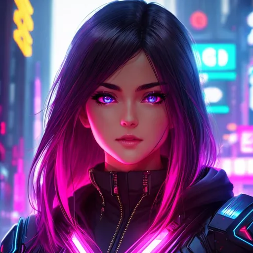 Prompt: Quality, 8k, detailed, cyberpunk, anime, hood, beautiful, face, neon backlight, woman, 
