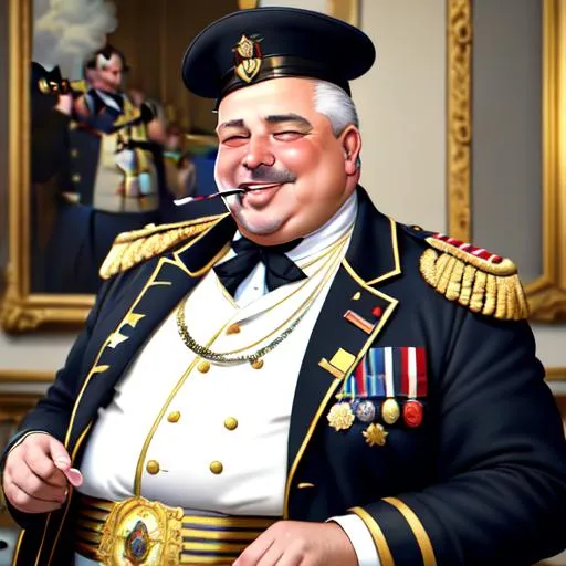 Prompt: Excellent painted  middle aged europen fat man in the clothes of a general from the Austrian Hugaro empire, laughing with a cigarette in his mouth, background with room classic masterpiece painting with detailed face, full body 4k, trending on artstation, octane render, art by artgerm and greg rutkowski and alphonse mucha and craig mullins and James Jean and Andrei Riabovitchev and Marc Simonetti and peter mohrbacher