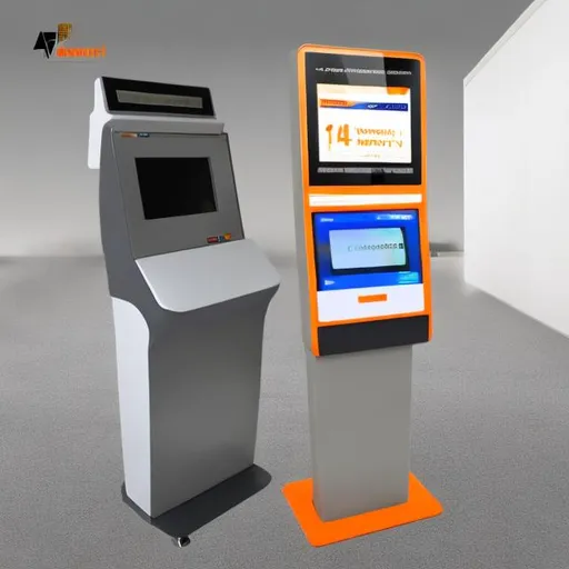 Prompt: small minimal service kiosk with pos terminal and barcode and 80mm printer , orange white grey color, 140cm height , thin body , 15 inch lcd,