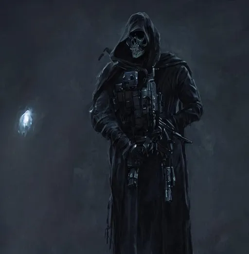 Prompt: a realistic image of ghost from call of duty, skull face mask, reaper cloak,