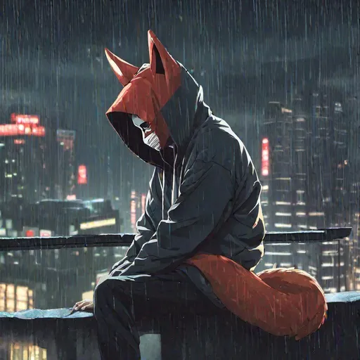 A man in a hoodie with a kitsune mask on sitting on... | OpenArt