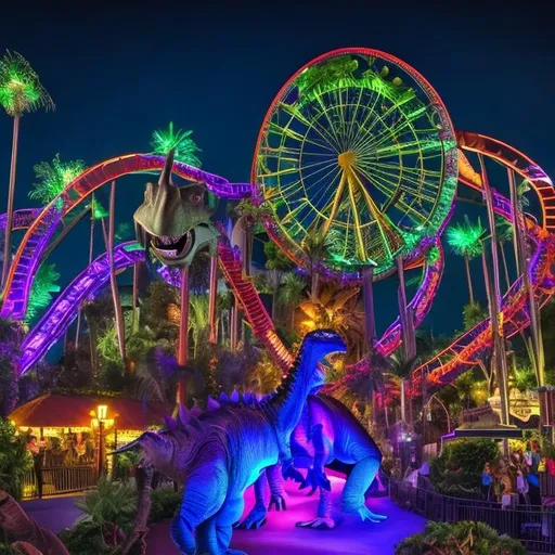 Prompt: themepark,dinosaurs,rolloercoasters,night
,vibrant,bright

