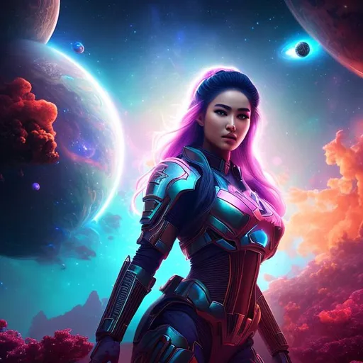 Prompt: create a photograph of most beautiful elite female space soldier goddess, extremely, wide angle, detailed environment, detailed background, planets an nebulae in sky highly detailed, intricate, detailed skin, natural colors , professionally color graded, photorealism, 8k, moody lighting