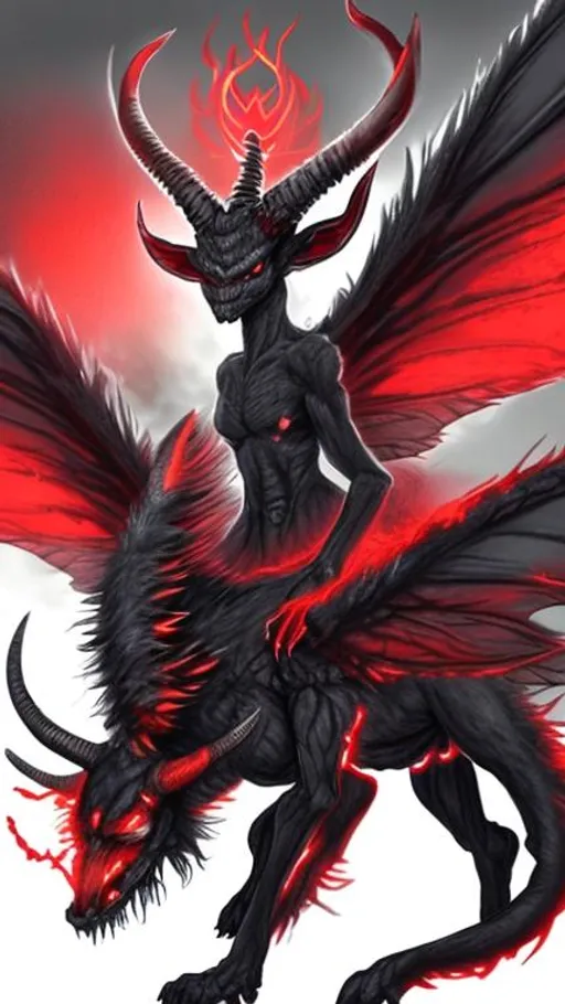 Prompt: Big Dengerous demon it have two Horns big red eye with flam body  on wings and a sweet beautiful fairy 