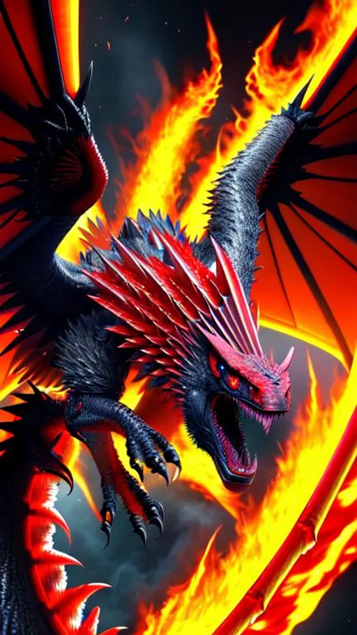 Prompt: Ultra hd ,sharp image, dragon ,huge , big wings,  in air ,  fire breath, fierce face, realistic, Armoured dragon,horrific face