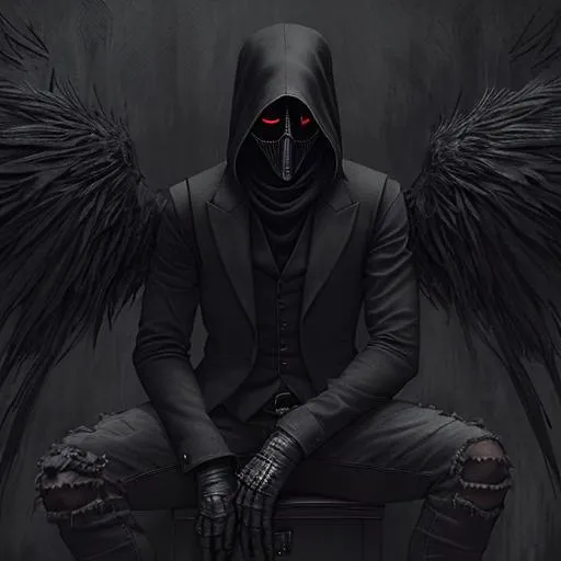 Prompt: A man wearing a red sweater with a black waistcoat over it. His jeans are black and slightly torn at the knees. He is wearing black combat boots. He is wearing a black plague doctor mask. He has dark, crow-like wings. The style is semi-realistic manga. The mood is dramatic and mysterious with melancholic undertones.