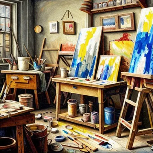 A painting of a painter's workshop with paints and b