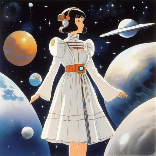 Prompt: a woman wearing outer space as a dress, Ghibli Studio and Ufotable