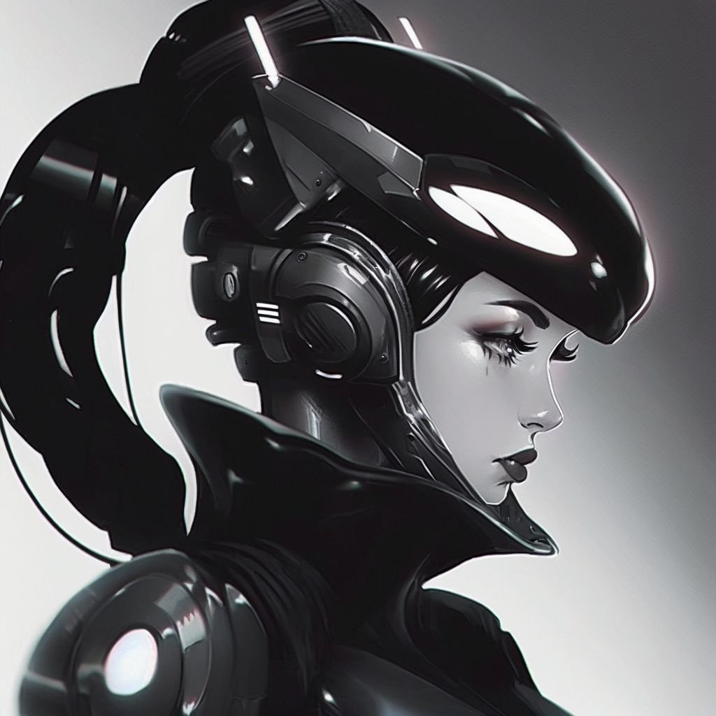 Prompt: lady, futuristic design, influenced by Artgerm, electronic artwork, depiction of adorable manga character, techno-noir, intricately rendered, profile picture, animated drawing approach