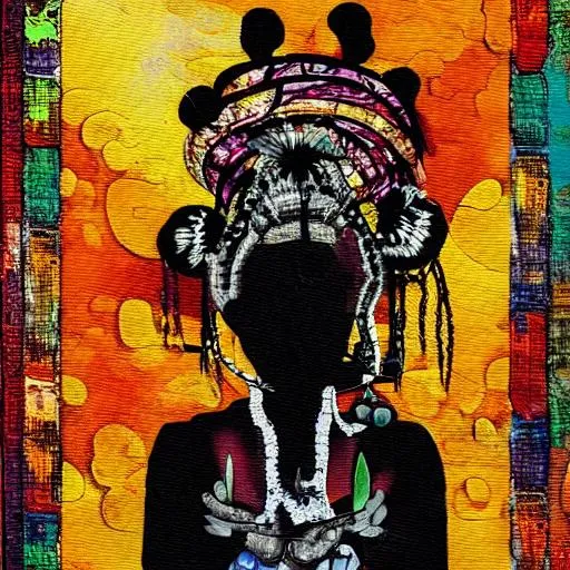 Prompt: Voodoo Priestess Female Woman doing ritual-Romantic Abstract Style art.
