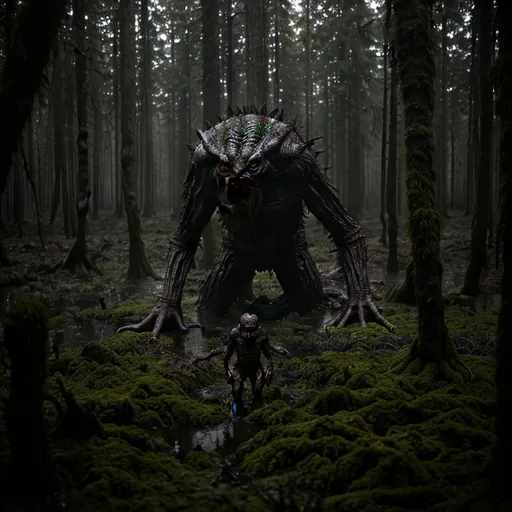 Prompt: Horrific monstrous creature lurking in a dark and murky bog that is surrounded by giant twisting trees that are covered in dark green moss. Small monsters are hiding in the shadows and each are more sinister than the next.