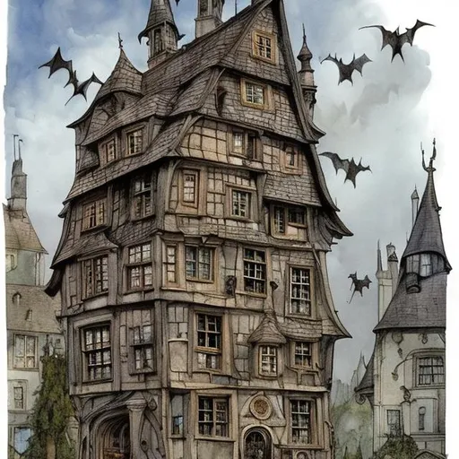 Prompt: tall crooked house, bats, witches, ghosts outside, style of  Anton Pieck