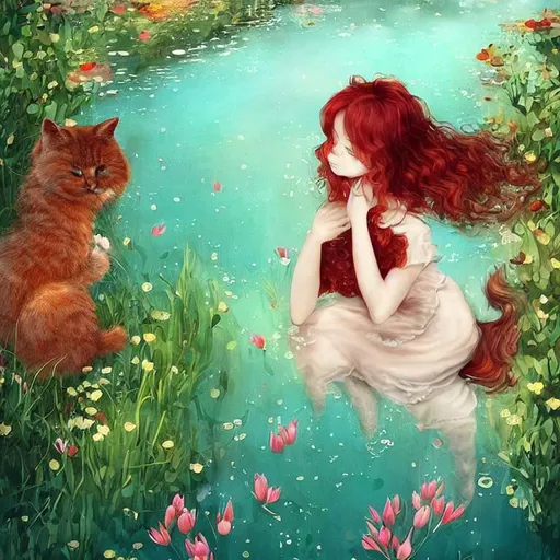 Prompt:  A very cute girl, curly gradient red hair,  with her feet inside a beautiful pond´s crystal clear waters. Her cute fluffly cat is right by her side resting its head on her shoulder. Spring time.  Art the style by Duy Huyn, Esao Andrews, Catrin Welz-Stein, Susan Rios and laura Diehl.