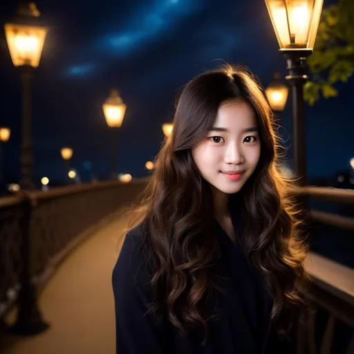 Prompt: (portrait) a beautiful student girl - long light brown wavy hair, high forehead, thin eyebrows, dazzling blue eyes, straight nose, natural lips, wonderful, fantastic face - walks on the bridge of the Dark Academy park at night. Deep emotions: "you're in love with someone you can't have" - Lighting: scattered moonlight and the park's gas lamps. Luis Royo: dark blue ink, gold watercolor, extreme detailed, precise work. 