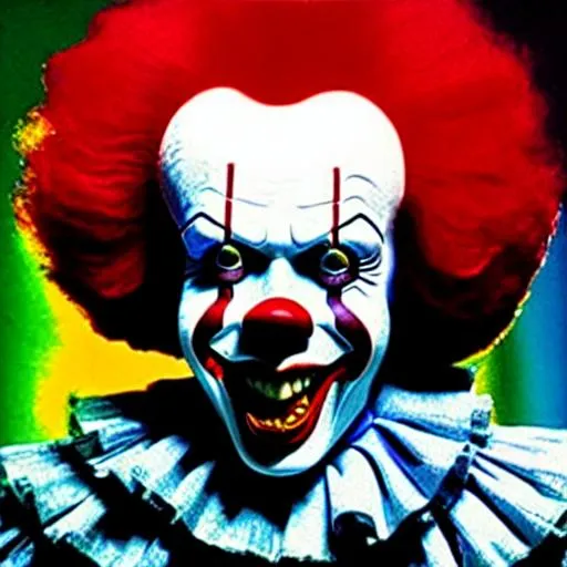 Prompt: Pennywise the Clown, Georgia O'Keefe study, triadic colors, blood and gore, photorealistic,  the golden ratio, Andy Warhol, Jean Jaques Basquiat