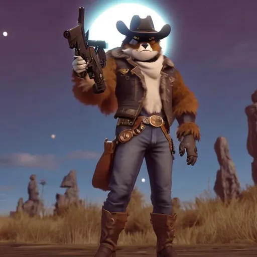 Prompt: Furry cowboy pointing a gun on screen , bad moon and full body pose