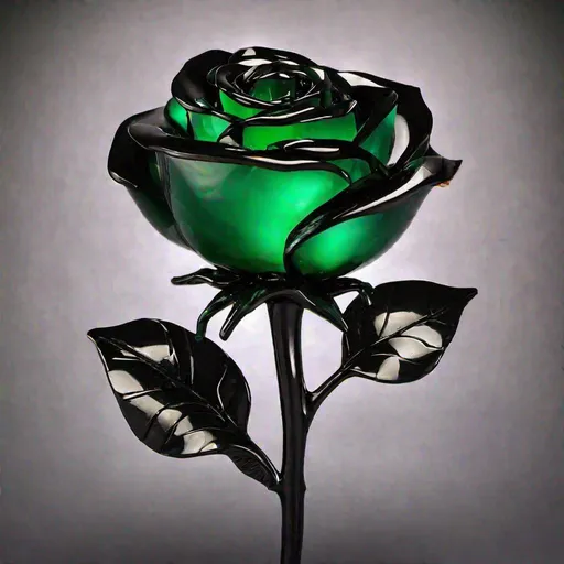 Prompt: Large black rose made of obsidian and emerald