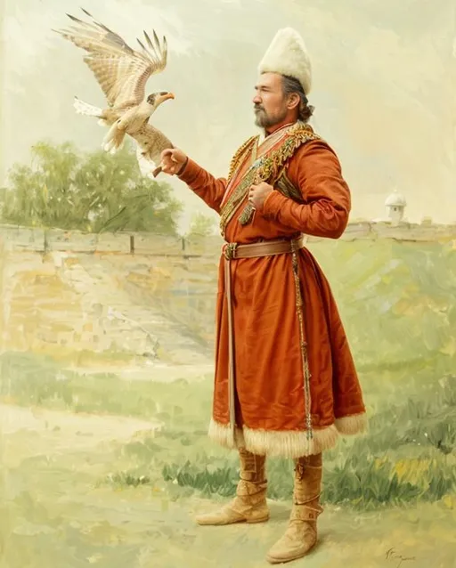 Prompt: a cossack with a falcon, symetric face