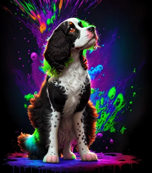 Prompt: Inky Epic Beautiful Liquid (Beautiful playful {Furry!!! Springer Spaniel}Puppy plasma), hyper realistic,  expansive psychedelic background, hyper realistic, 8K --s99500