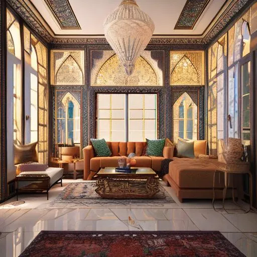 Prompt:  3d unreal high-quality render, traditional Iranian interior design, colored windows. mirrors
