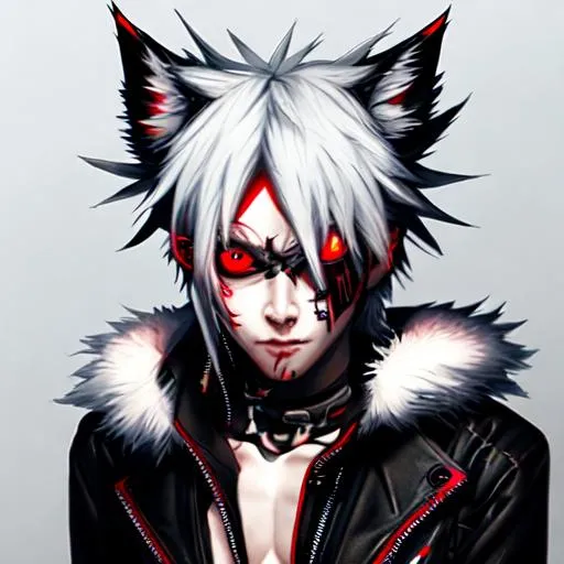 cyberpunk wolfboy with red eyes and white hair | OpenArt