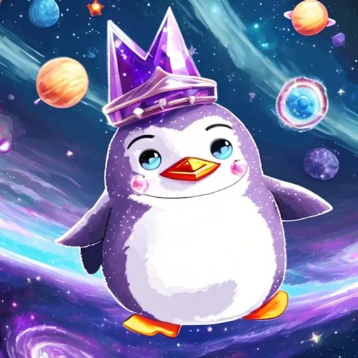 Prompt: A cartoon ruby  penguin with a purple crown in outer space. Penguin has big cute sapphire eyes.