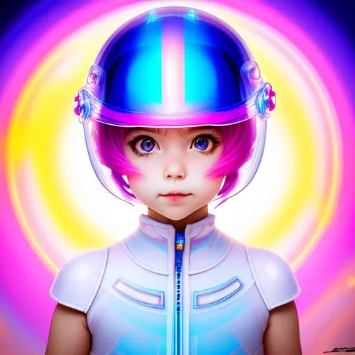 Prompt: Short colorful Hair Attractive, little girl, wearing a transparent helmet, with Air Magic, glowing, Elegant, Romantic, HDR, High Definition, cinematic, deep shadows, dynamic light, hyperrealism, definition, glowing eyes, facial symmetry, photorealistic eyes, ornate, dynamic, particulate, intricate, elegant, highly detailed,  airbrush, acrylic on paper, volumetric lighting, rugged texture, occlusion, smooth, sharp focus, 128K UHD octane render, w more detail, ultra realistic, insane detail, cinematic, Curvaceous Light bending, fuzzy, Extremely detailed high quality, breathtaking, Award winning, highly detailed, wide-angle lens, hyper realistic.
