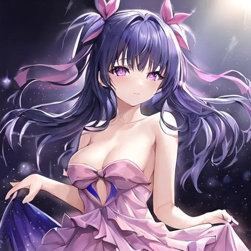 A Girl With Dark Blue Hair Wearing A Pink Dress Wit Openart