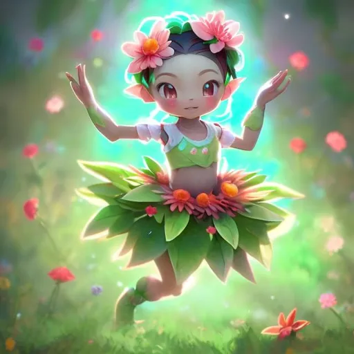 Prompt: a small humanoid plant girl Pokémon wearing a green petal skirt and two red flowers across each other on both sides on top of her head, she is dancing in the sunlight and kicking up dew from the grass she is dancing on