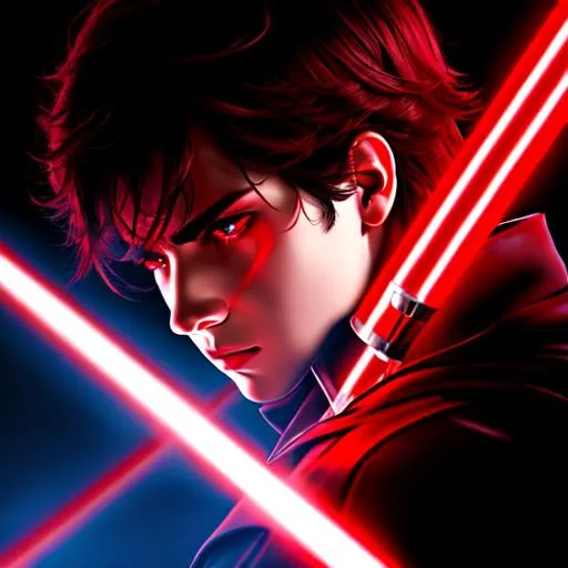 Prompt: Young Male Sith with red lightsaber, scared, crying,
