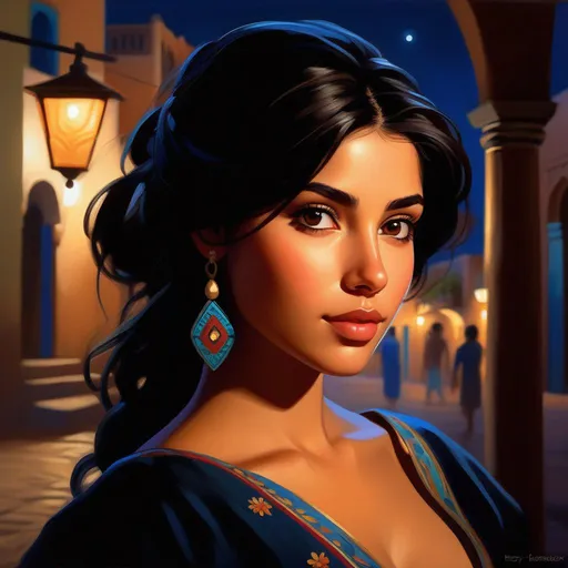 Prompt: Third person, gameplay, Mexican girl, pale olive skin, black hair, brown eyes, Guanajuato at night, blue atmosphere, cartoony style, extremely detailed painting by Greg Rutkowski and by Henry Justice Ford and by Steve Henderson 

