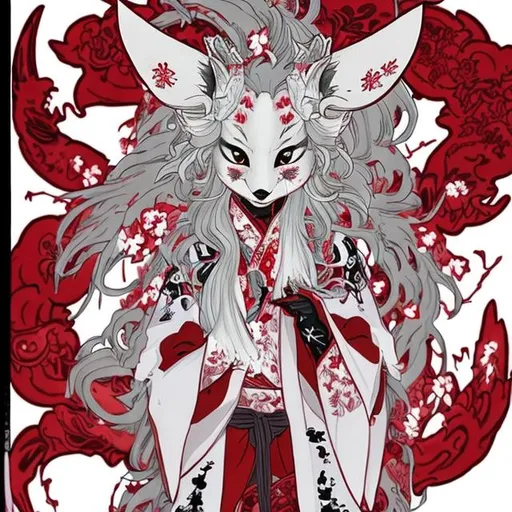 Prompt: A fox-demon woman in Japan, she also has red hair, red eyes, a kitsune mask, and she has nine white fox tails with red tips. She's wearing a white kimono, the left sleeve is damaged, and it's red with white flowers on it. The other sleeve is white and has red flowers on it. She also has a stitch on her neck. She has her hair in two long pigtails. 