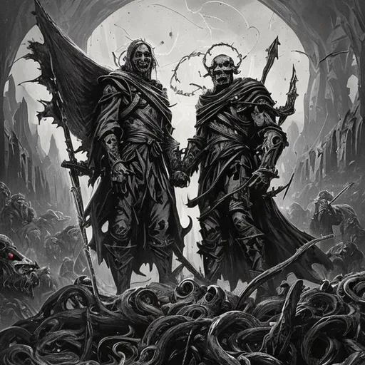 Prompt: n the heart of the forsaken battlefield, the forces of Aaron and Gabriel stand united, their once-rival banners now intertwined, representing a union forged by necessity. Together, they face the relentless onslaught of the nightmarish creatures that surround Mount Morrigor. The monstrous entities, remnants of the entity's malevolence, writhe and crawl, protecting its dark sanctuary.

From a soaring aerial vantage, the scene is a mesmerizing blend of chaos and valor. On one side, the merged army, clad in an amalgamation of armor and colors, fights with unmatched synergy. Their determination is unwavering, as the once-separate factions find common ground in their shared desire to quell the threat of the entity.

On the opposing front, the dark horde clashes with unbridled fury. Aberrant creatures, twisted and wicked, clash with Aaron and Gabriel's united force. The clash of blades and the booming magic reverberate through the air, creating a symphony of strife