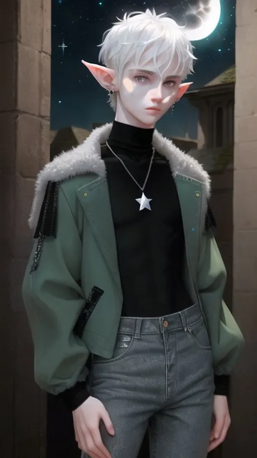 Prompt: A 19 year old boy with elf ears, pale skin, fluffy short white hair, dark blue eyes, star and moon earrings, spandex black turtleneck, dark green denim jacket, necklace with white crystal attached, wearing black baggy jeans.