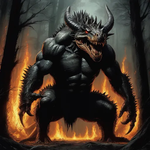 Prompt: Muscular giant with bony carapace, spiked spine, long thick tail like a crocodile, dc abomination, sharp teeth, two long horns, glowing eyes, human facial features, spiked elbows, in the woods with fire, highres, ultra-detailed, horror, dark tones, menacing lighting