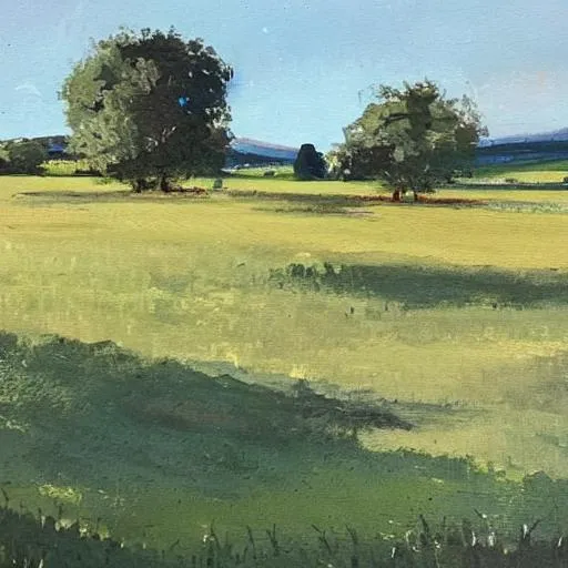 Prompt: Please create a neutral acrylic type painting in a more soft classic style of the pastoral countryside. Please only include the painting itself