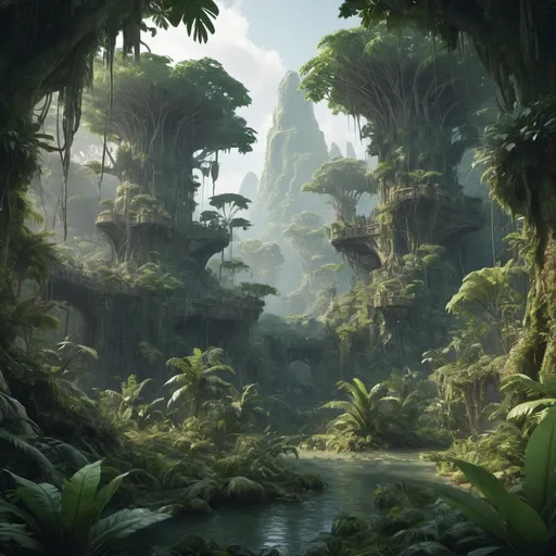 Prompt: Sprawling high fantasy jungle forest, Cinematic Matte Painting, Insanely Detailed, Award Winning, Trending on Artstation, 8k, UHD