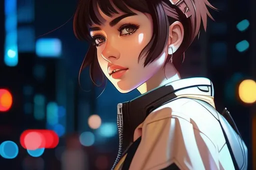 Prompt: Portrait of young anime girl with Brown short hair and emotionless face, cyberpunk night city, perfect composition, super detailed, 8k, high quality, trending art, trending on artstation, sharp focus, studio photo, intricate details, highly detailed, by greg rutkowski