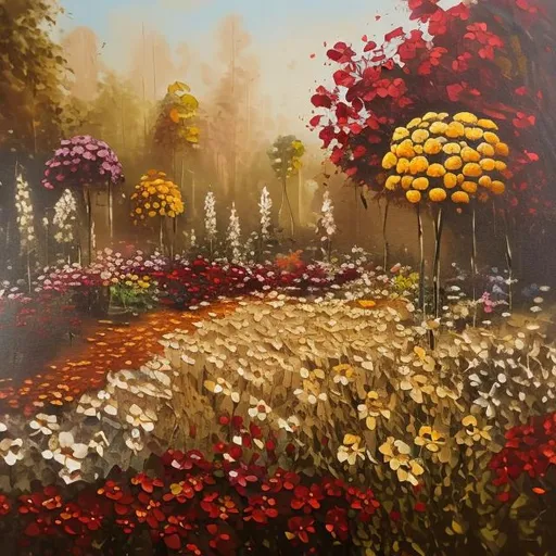 Prompt: Flower garden in brown,beige maroon colors  oil on canvas painting style