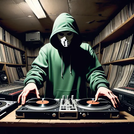 Prompt: Hip hop dj with no face in basement of records holding a turntable Mr doom style art