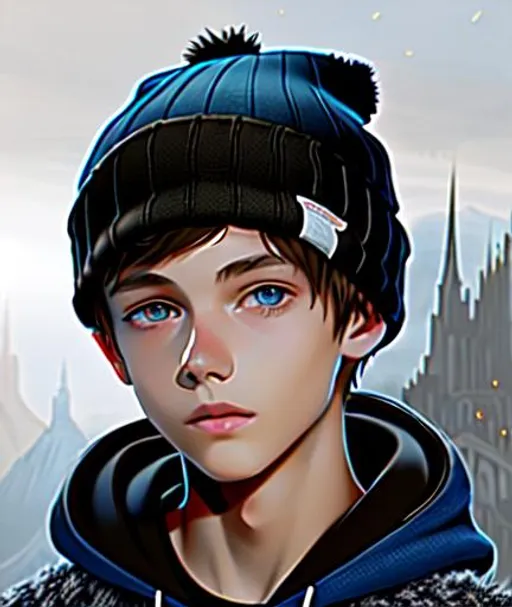 Prompt: Concept art, digital brush, Face close up, hyperdetailed, Beautiful young teen boy with woolen beanie, (14 year old kid) (messy hair)+ ((hair covering eye))++ emo cut, lightbrownhair boy, hair, sharp gaze, blue eyes, innocent, boy model, 16 years old, hot, pretty, cute, hoodie zipper, cinematic lighting, blue sky, bright colors, blue, green, yellow, white,  luminous, hyperdetailed, great composition, professional, artstation award, (white background)++ 