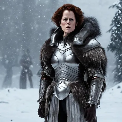 Prompt: sigourney weaver, warrior queen, silver crown, grey armor, winter furs