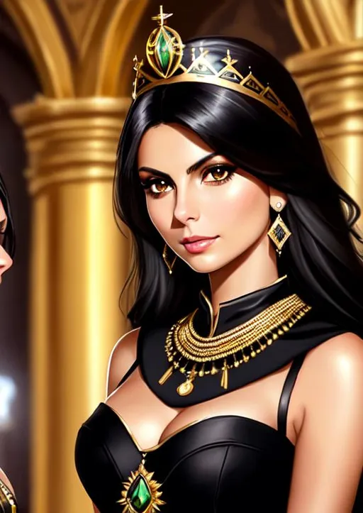 Prompt: Mix victoria justice and Morena Baccarin, green eyes, black long hair, dark skin, black dress, eyes green, hair black, gold jewelry, medieval castle, best quality, gold crown, green jewels, talking to crowd, highly detailed, digital painting, Trending on artstation , HD quality