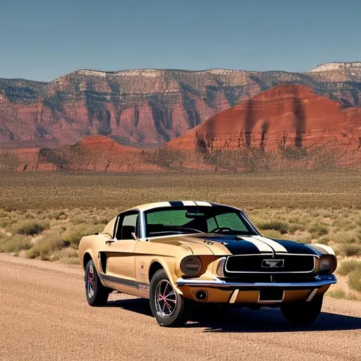 Prompt: Old Mustang driving into the distance in Utah 