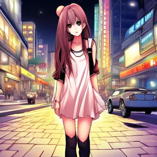 Prompt: A girl walking on the street at night, anime, comic