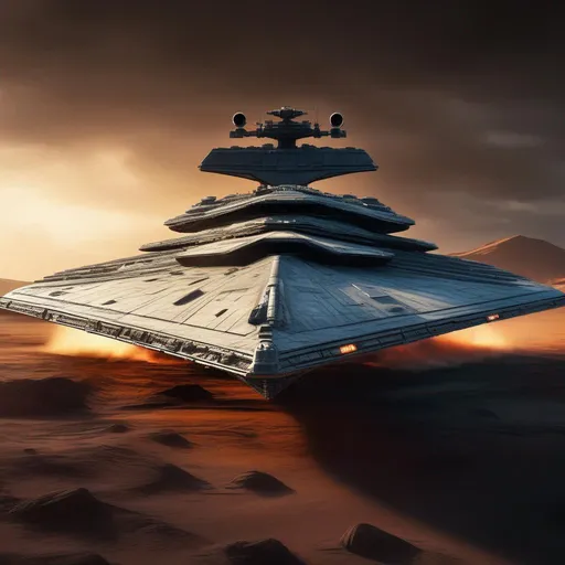 Prompt: A Star Destroyer from Star Wars movies,  in battle, Hyperrealistic, sharp focus, Professional, UHD, HDR, 8K, Render, electronic, dramatic, vivid, pressure, stress, nervous vibe, loud, tension, traumatic, dark, cataclysmic, violent, fighting, Epic