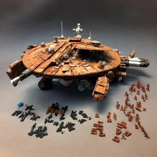 Prompt: star ship  wreck sci-fi space battle epic fleet damage explosion fire everything shields blaster hull breach rusty old toy cardboard lego
man
